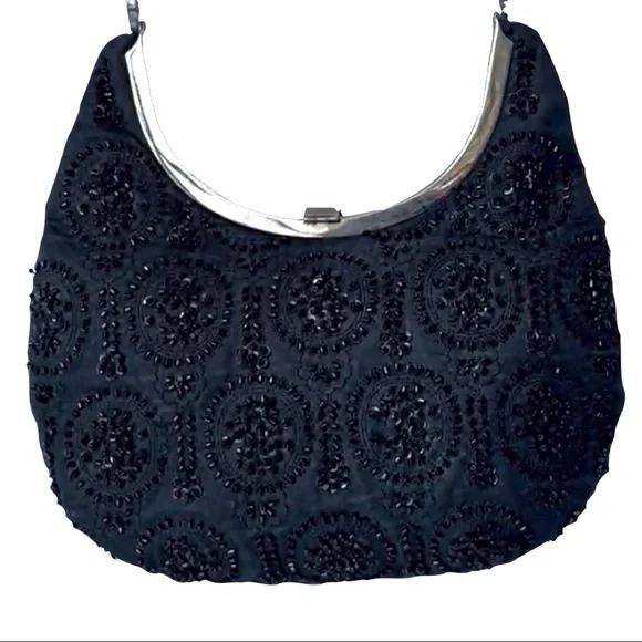 Black Bead & Sequin Purse | Lord and Taylor | Silver Tone Frame | Formal Evening - Picture 3 of 5